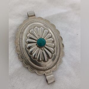 Oval Silver Concho Belt Buckle with Teal Turquoise Accent